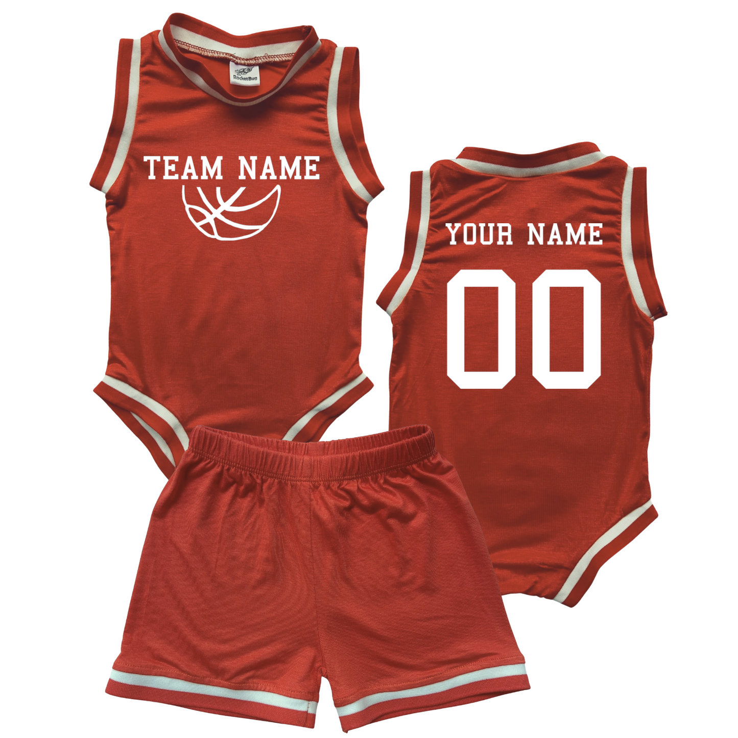Personalized TEAM Basketball Jersey Baby Bodysuit & Matching Shorts with Name, Number & Team Orange No Sweatband Set