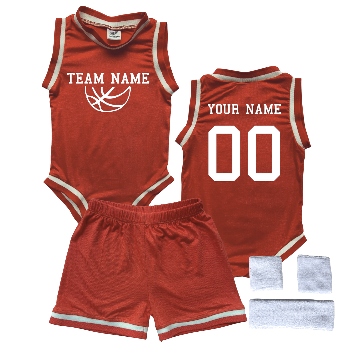 Personalized TEAM Basketball Jersey Baby Bodysuit & Matching Shorts with Name, Number & Team Orange Yes Include Sweatband Set