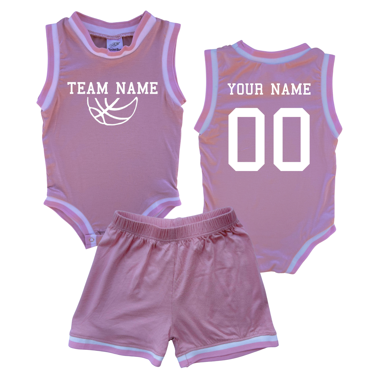 Personalized TEAM Basketball Jersey Baby Bodysuit & Matching Shorts with Name, Number & Team Pink No Sweatband Set