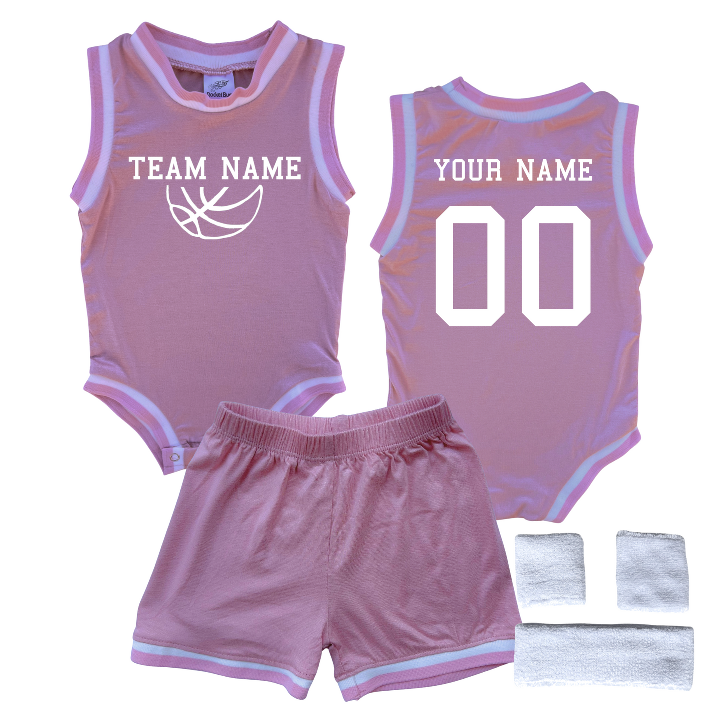 Personalized TEAM Basketball Jersey Baby Bodysuit & Matching Shorts with Name, Number & Team Pink Yes Include Sweatband Set