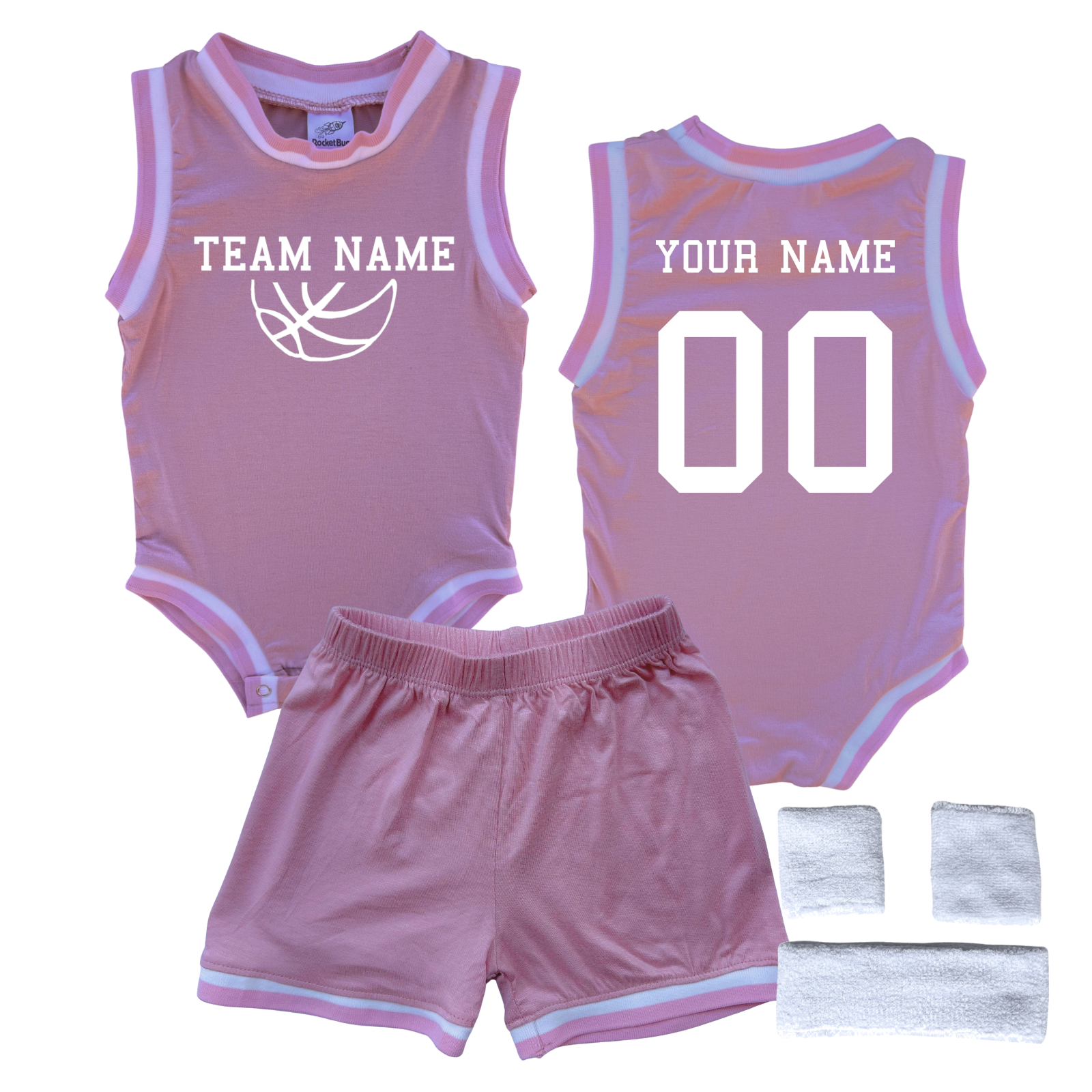 Personalized TEAM Basketball Jersey Baby Bodysuit & Matching Shorts with Name, Number & Team Pink Yes Include Sweatband Set