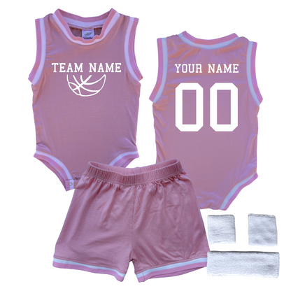 Personalized TEAM Basketball Jersey Baby Bodysuit & Matching Shorts with Name, Number & Team Pink Yes Include Sweatband Set