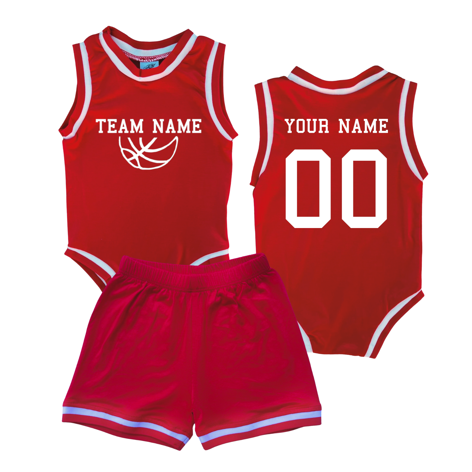Personalized TEAM Basketball Jersey Baby Bodysuit & Matching Shorts with Name, Number & Team Red No Sweatband Set