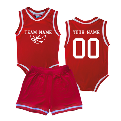 Personalized TEAM Basketball Jersey Baby Bodysuit & Matching Shorts with Name, Number & Team Red No Sweatband Set