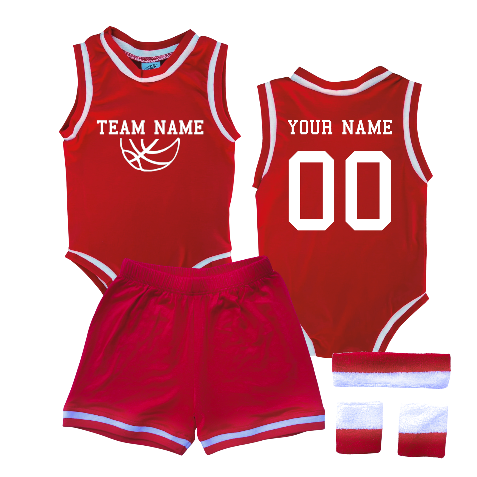 Personalized TEAM Basketball Jersey Baby Bodysuit & Matching Shorts with Name, Number & Team Red Yes Include Sweatband Set