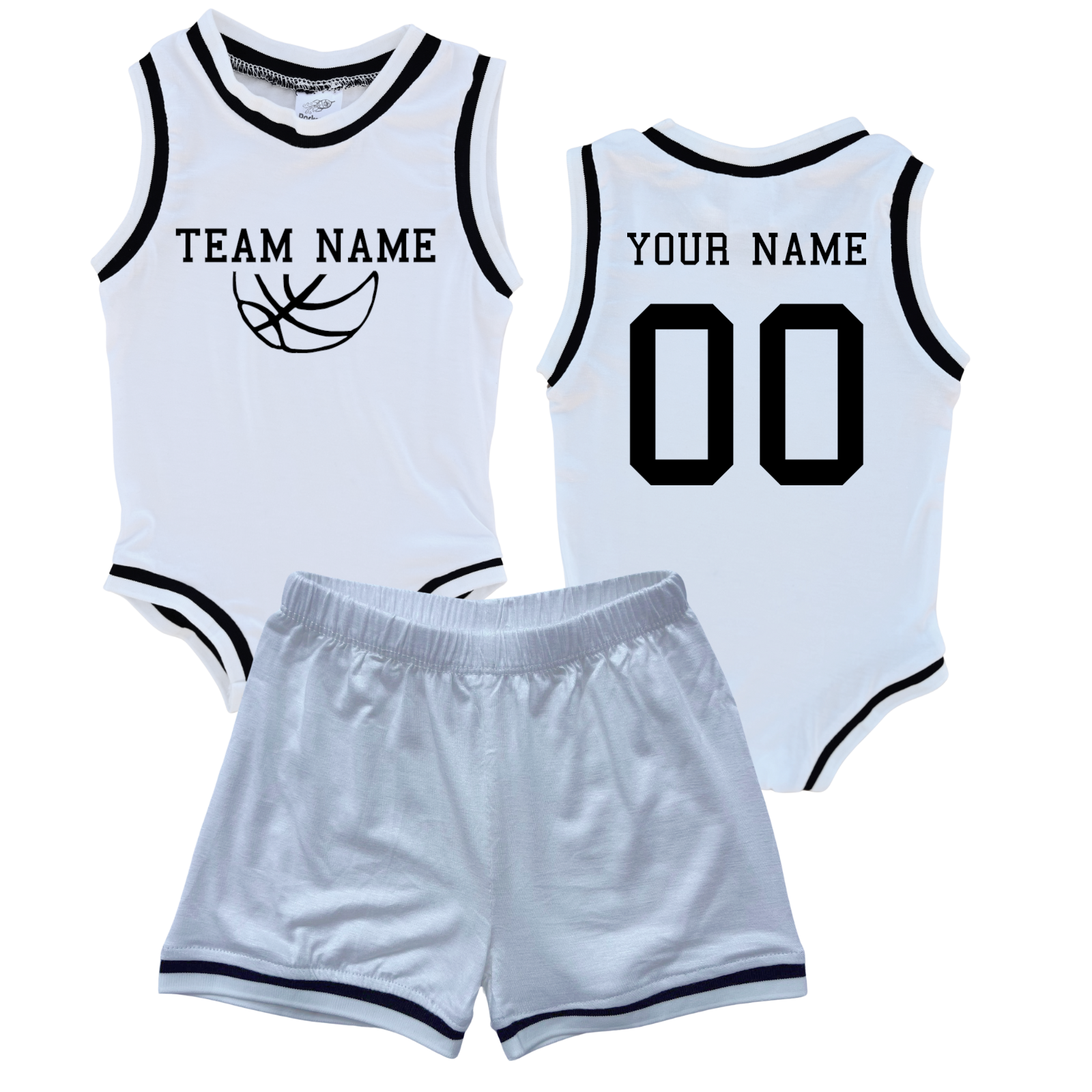 Personalized TEAM Basketball Jersey Baby Bodysuit & Matching Shorts with Name, Number & Team White (Black Graphic) No Sweatband Set