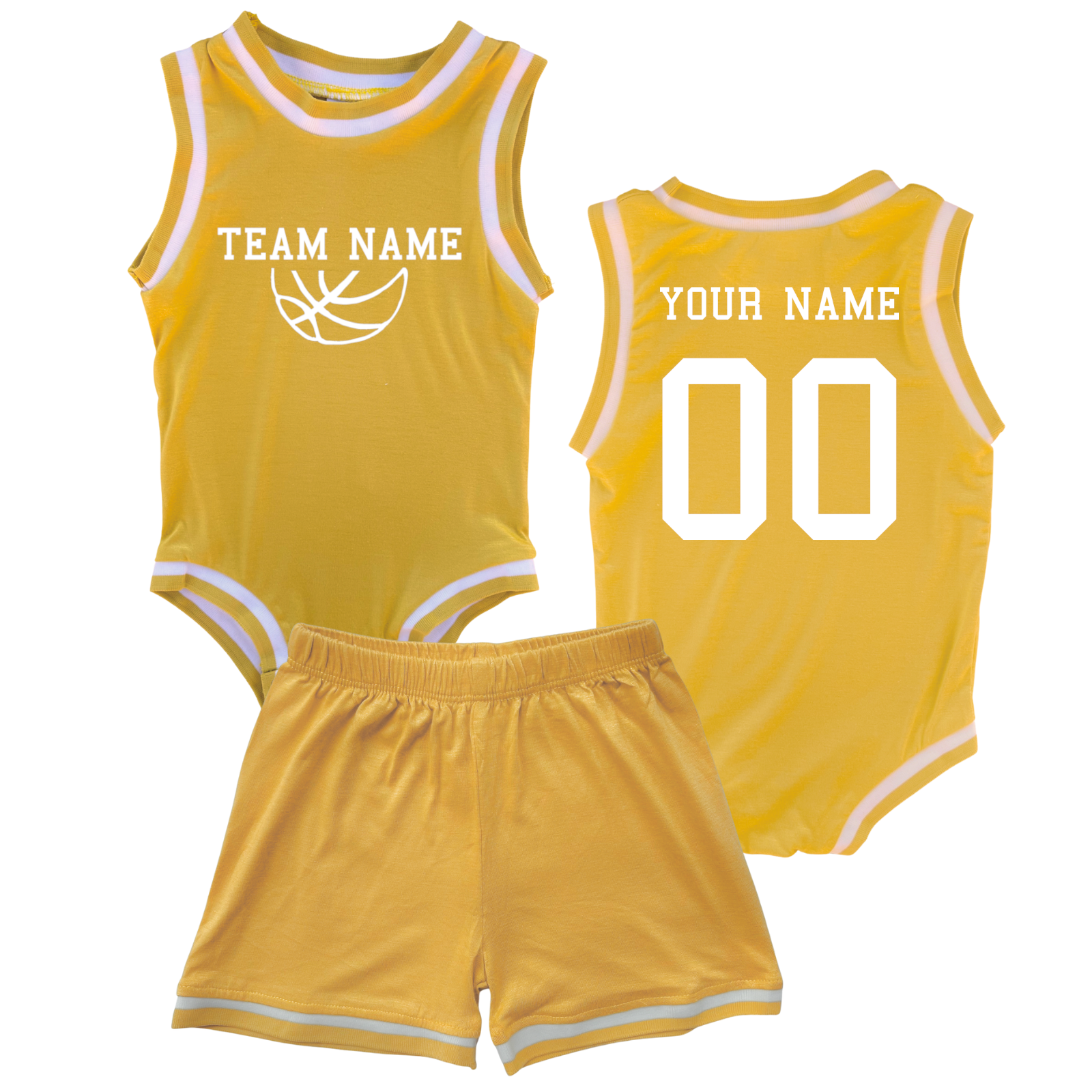 Personalized TEAM Basketball Jersey Baby Bodysuit & Matching Shorts with Name, Number & Team Gold No Sweatband Set