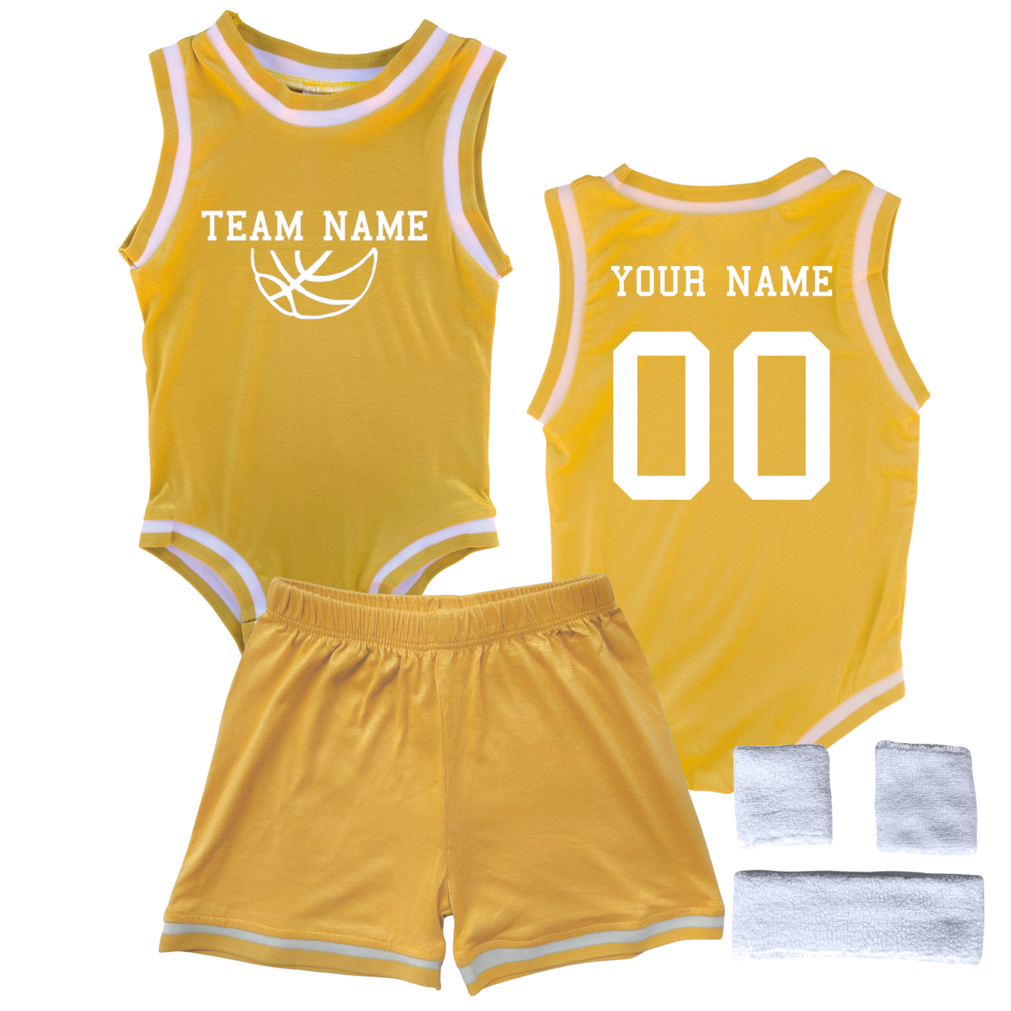 Personalized TEAM Basketball Jersey Baby Bodysuit & Matching Shorts with Name, Number & Team Gold Yes Include Sweatband Set