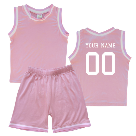 Personalized Sleeveless Basketball Jersey & Shorts Set for Toddlers- Personalized with Name and Number (Back) & (Front) Blank Pink No Sweatband Set