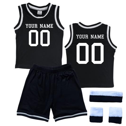 Personalized Sleeveless Basketball Jersey & Shorts Set for Toddlers- Personalized with Name and Number (Front & Back) Black Yes Include Sweatband Set