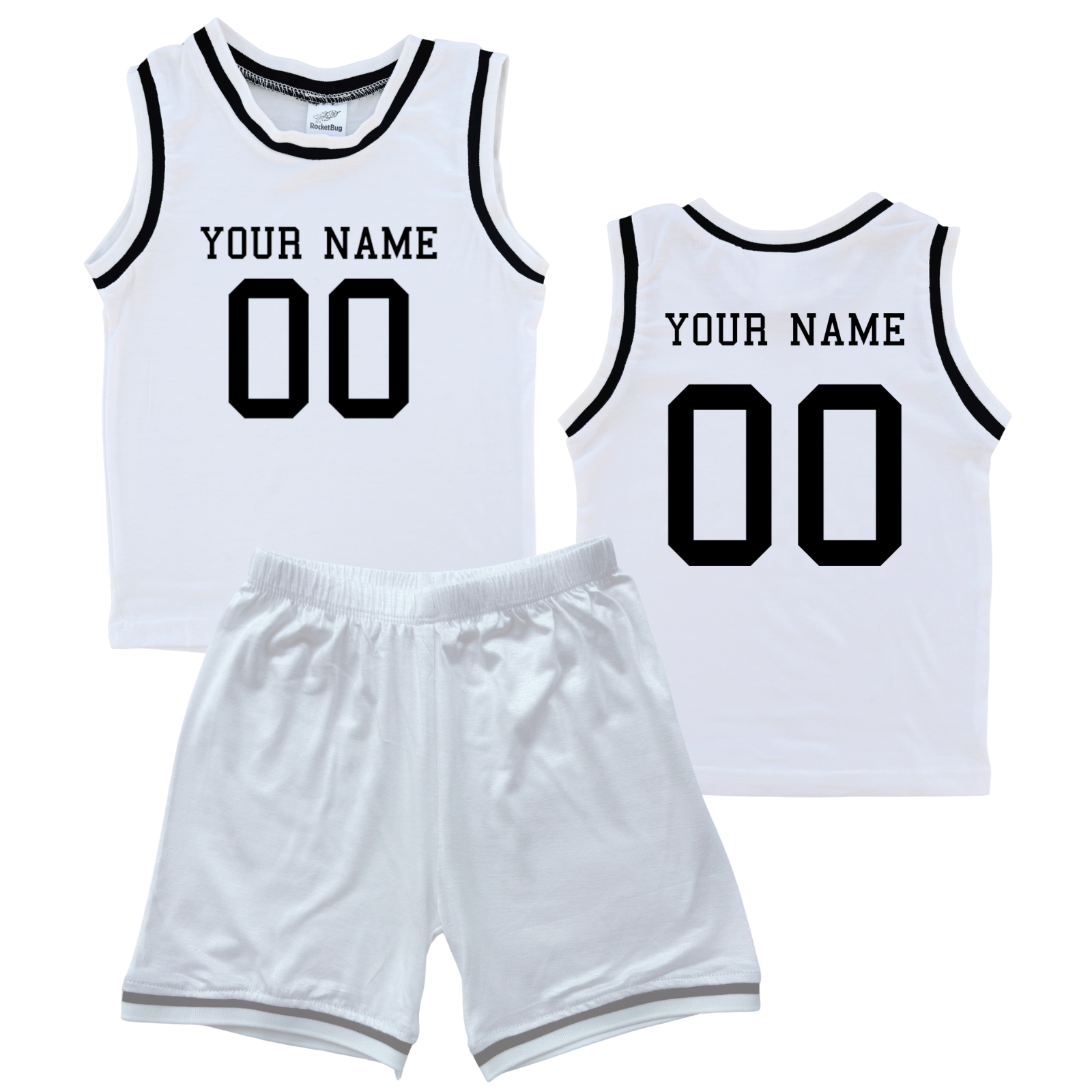 Personalized Sleeveless Basketball Jersey & Shorts Set for Toddlers- Personalized with Name and Number (Front & Back) White (Black Graphic) No Sweatband Set