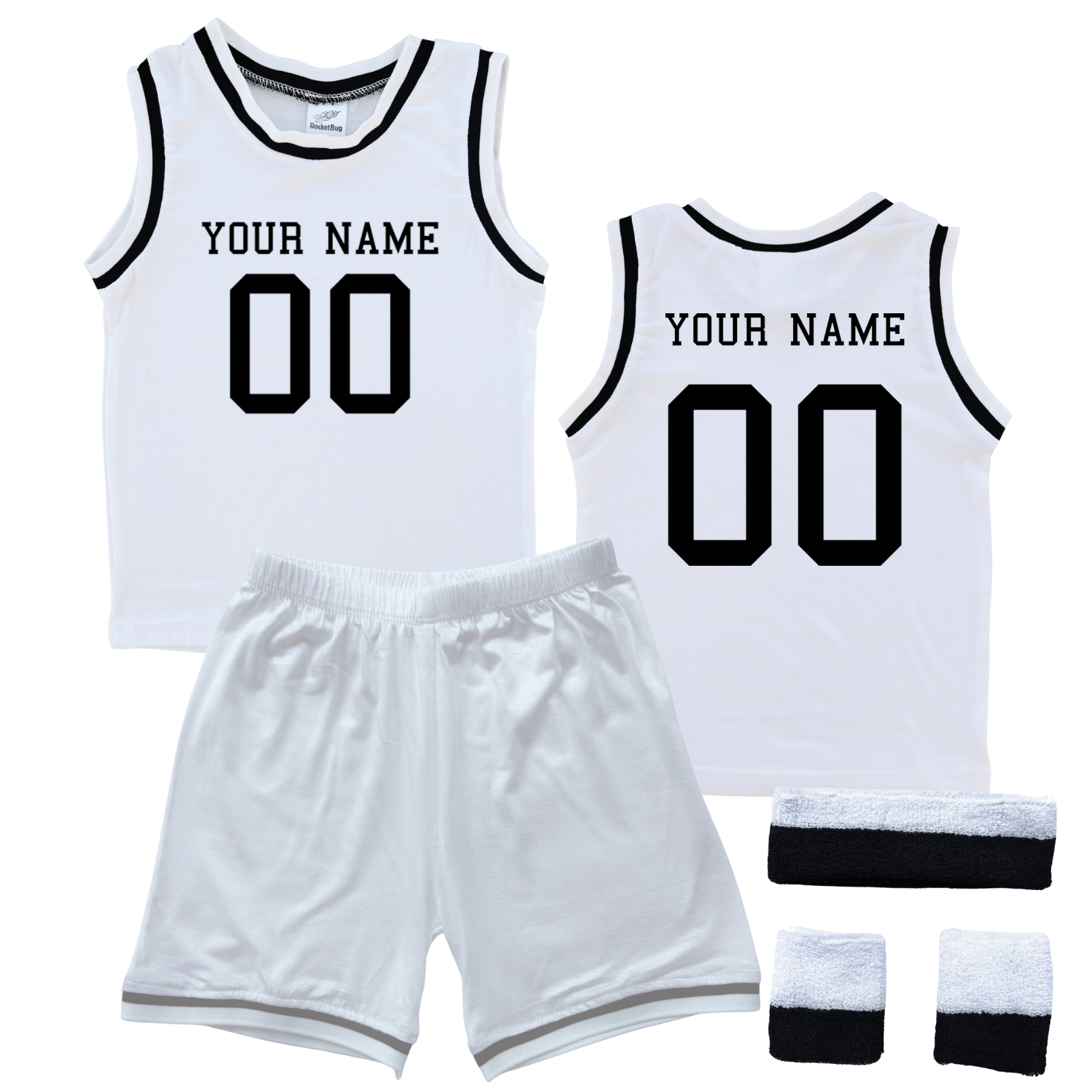 Personalized Sleeveless Basketball Jersey & Shorts Set for Toddlers- Personalized with Name and Number (Front & Back) White (Black Graphic) Yes Include Sweatband Set