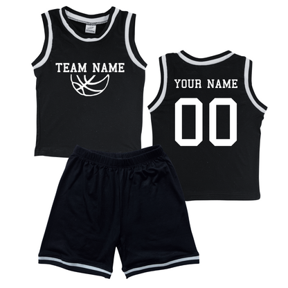 Personalized Sleeveless Basketball Jersey & Shorts Set for Toddlers- Personalized with Name and Number (Back) & Team Name (Front) Black No Sweatband Set