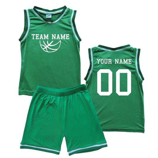 Personalized Sleeveless Basketball Jersey & Shorts Set for Toddlers- Personalized with Name and Number (Back) & Team Name (Front) Green No Sweatband Set