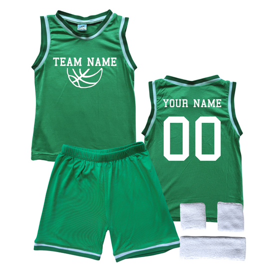 Personalized Sleeveless Basketball Jersey & Shorts Set for Toddlers- Personalized with Name and Number (Back) & Team Name (Front) Green Yes Include Sweatband Set