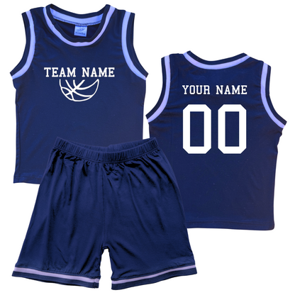 Personalized Sleeveless Basketball Jersey & Shorts Set for Toddlers- Personalized with Name and Number (Back) & Team Name (Front) Navy No Sweatband Set