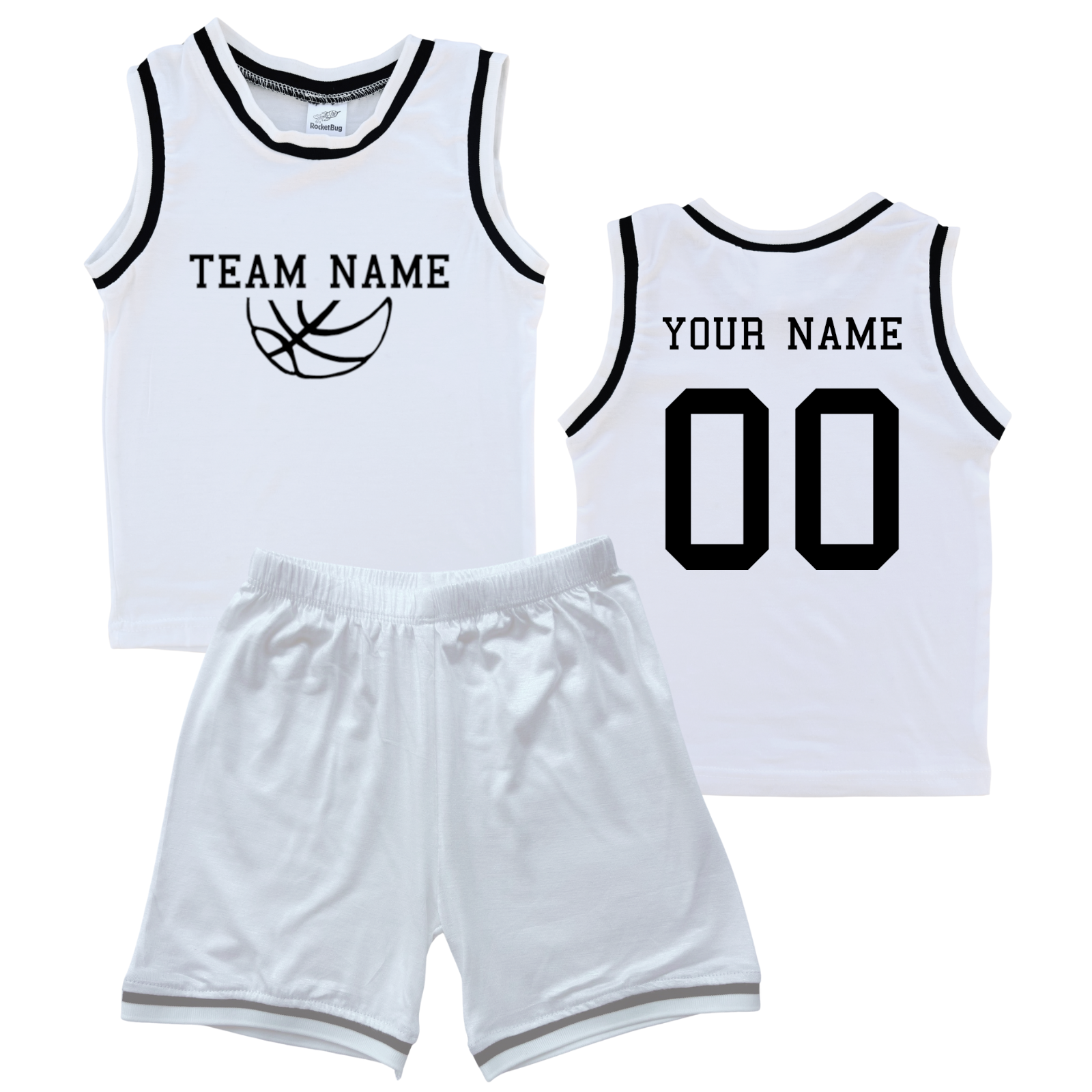 Personalized Sleeveless Basketball Jersey & Shorts Set for Toddlers- Personalized with Name and Number (Back) & Team Name (Front) White (Black Graphic) No Sweatband Set