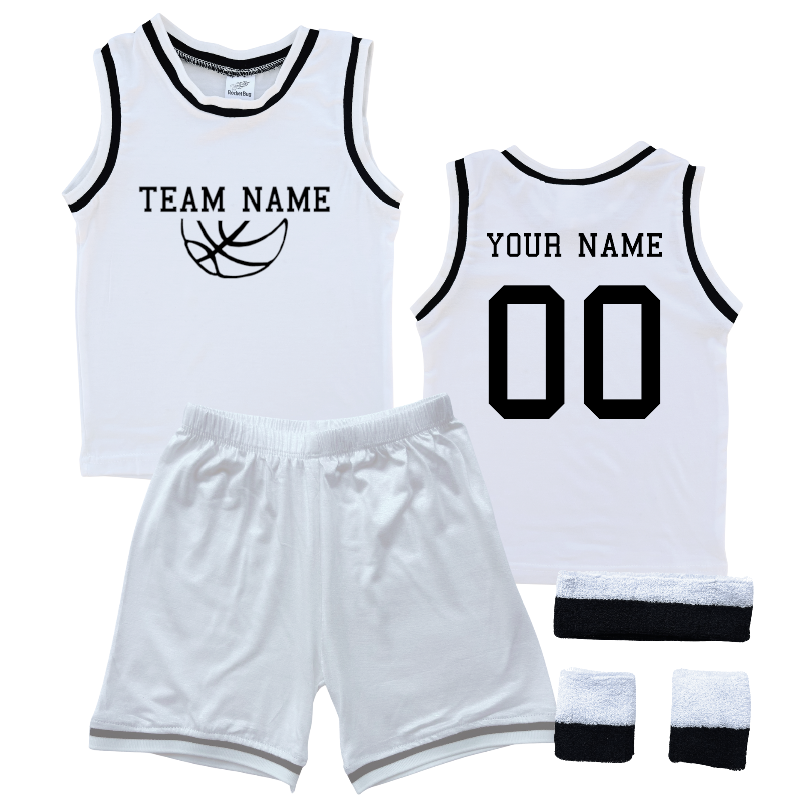 Personalized Sleeveless Basketball Jersey & Shorts Set for Toddlers- Personalized with Name and Number (Back) & Team Name (Front) White (Black Graphic) Yes Include Sweatband Set