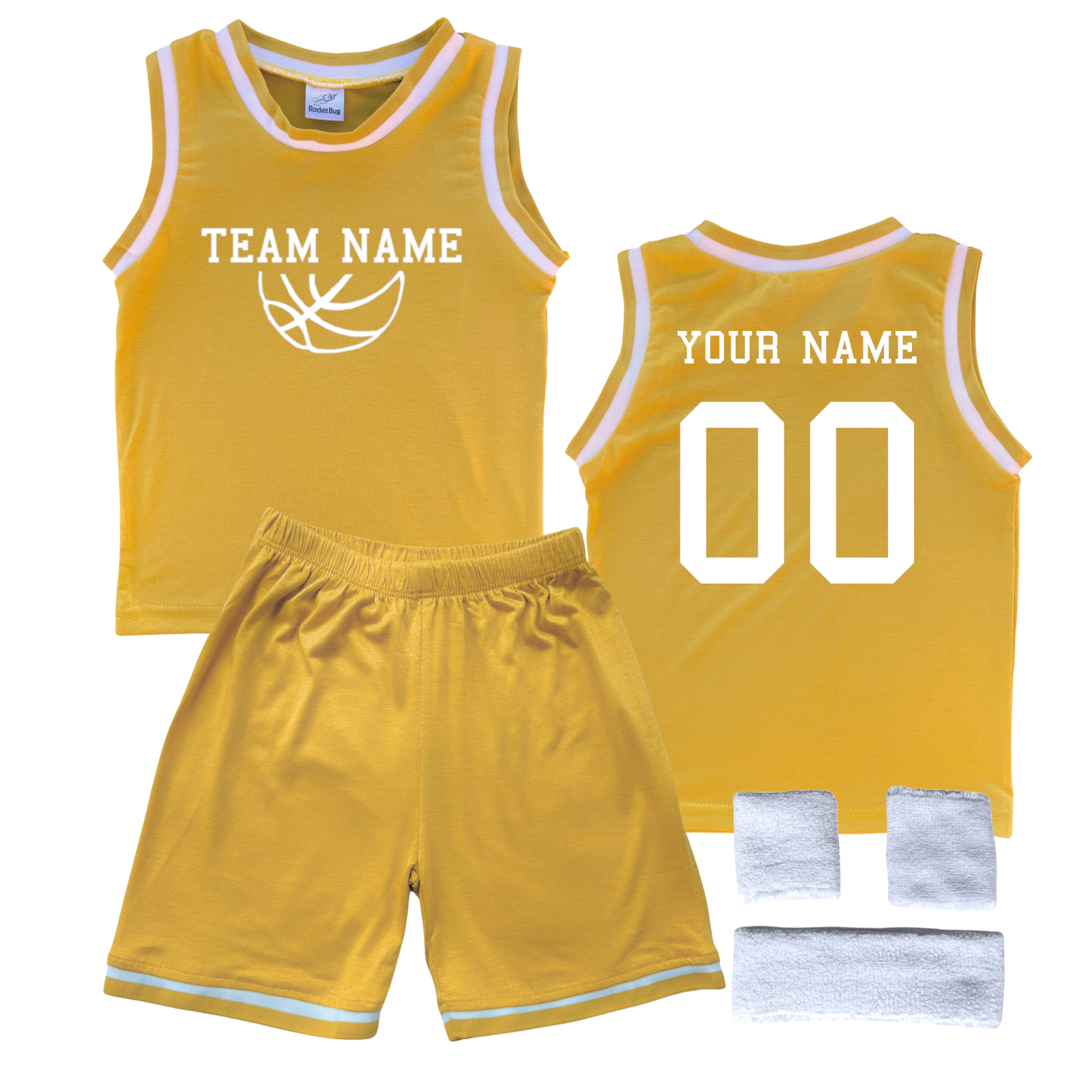 Personalized Sleeveless Basketball Jersey & Shorts Set for Toddlers- Personalized with Name and Number (Back) & Team Name (Front) Gold Yes Include Sweatband Set