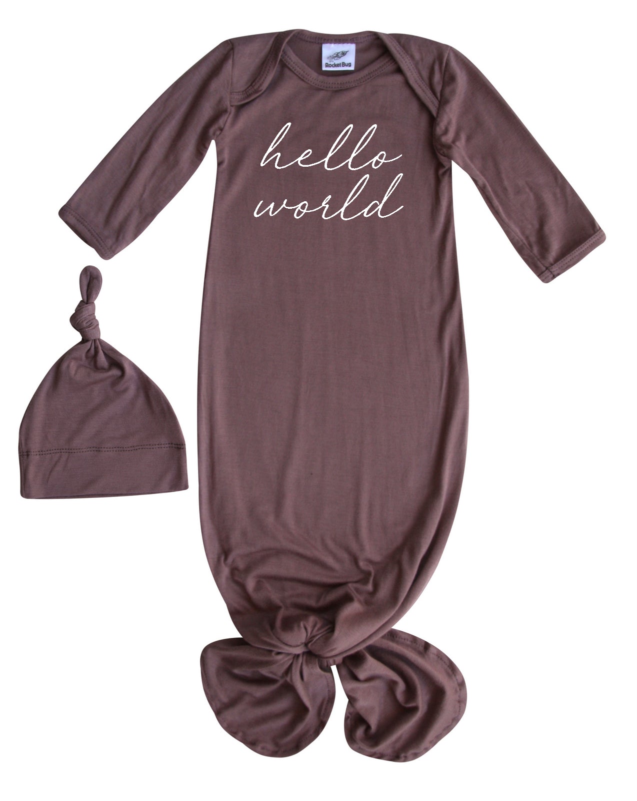 "Hello World" Silky Knotted Baby Gown with Knotted Hat for Boys & Girls