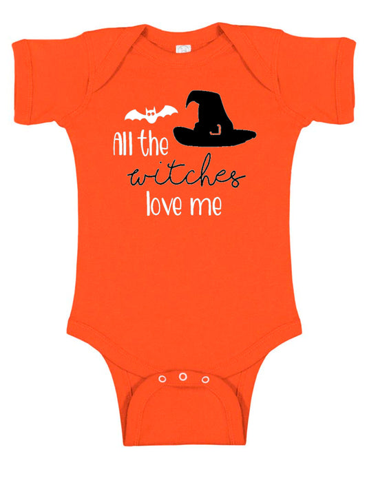 All the Witches Love Me Halloween Baby Bodysuit Orange