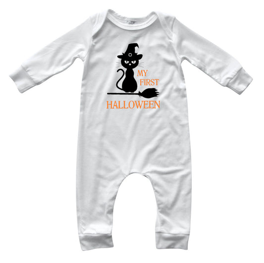 First Halloween Kitty Black Baby Romper outfit White