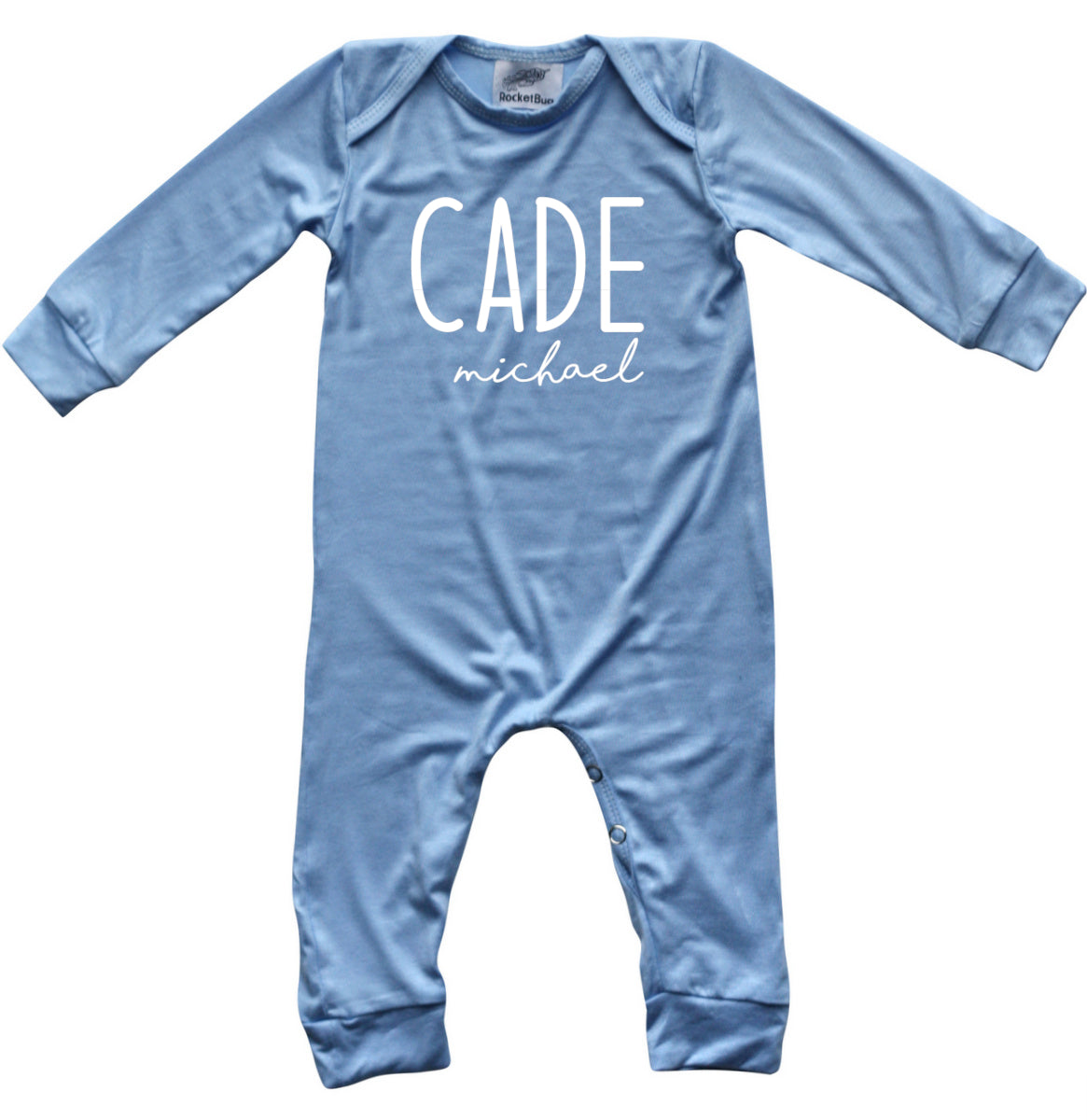 Personalized First + Middle Name (Modern Cursive) Silky Baby Long Sleeve Romper Silky Light Blue