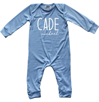 Personalized First + Middle Name (Modern Cursive) Silky Baby Long Sleeve Romper Silky Light Blue