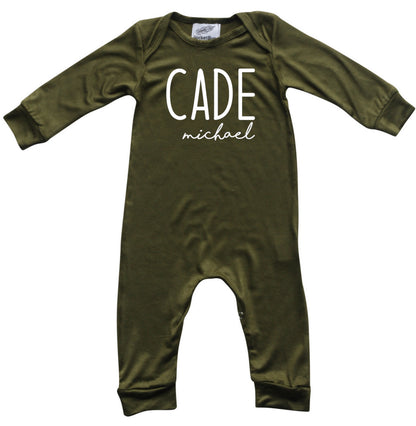 Personalized First + Middle Name (Modern Cursive) Silky Baby Long Sleeve Romper Silky Army Green