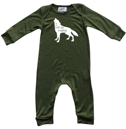 I Will Be Mighty Wolf Silky Long Sleeve Romper Silky Army Green