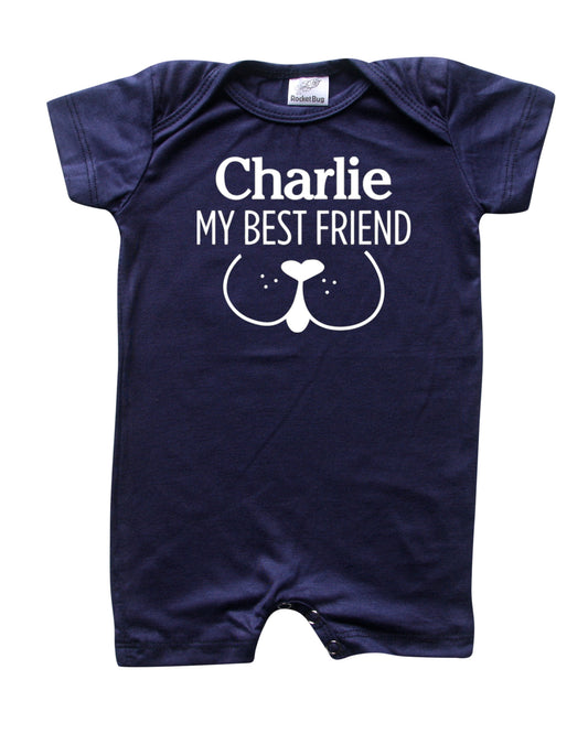 My Best Friend (Dog) Personalized Custom Silky Shorts Baby Romper for Boys and Girls Navy