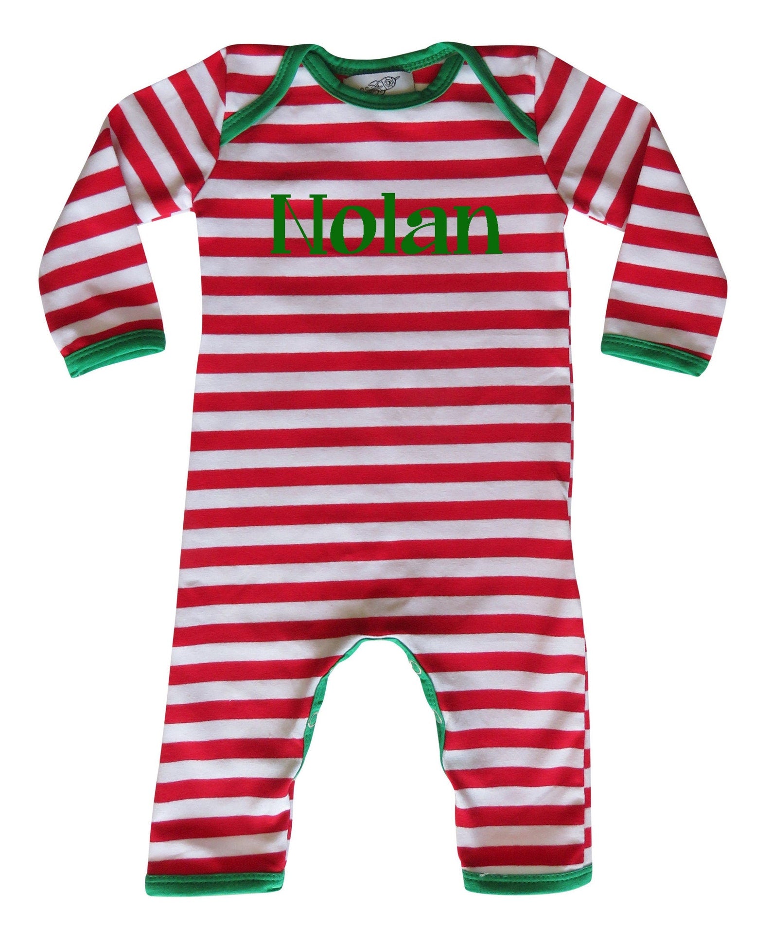 Personalized Red & White Striped Christmas Romper with Green Trim Baby Romper for Boys and Girls 18-24 months (24M)