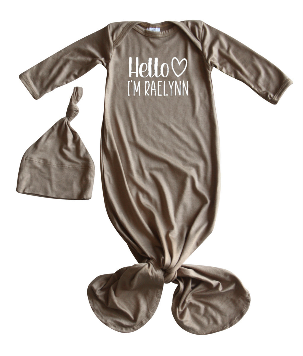 Personalized Hello Heart Silky Knotted Baby Gown with Matching Knotted Hat