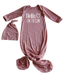 Personalized Hello Heart Silky Knotted Baby Gown with Matching Knotted Hat