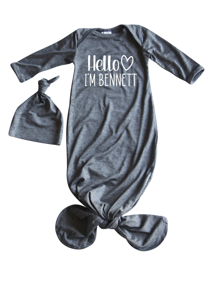 Personalized Hello Heart Silky Knotted Baby Gown with Matching Knotted Hat