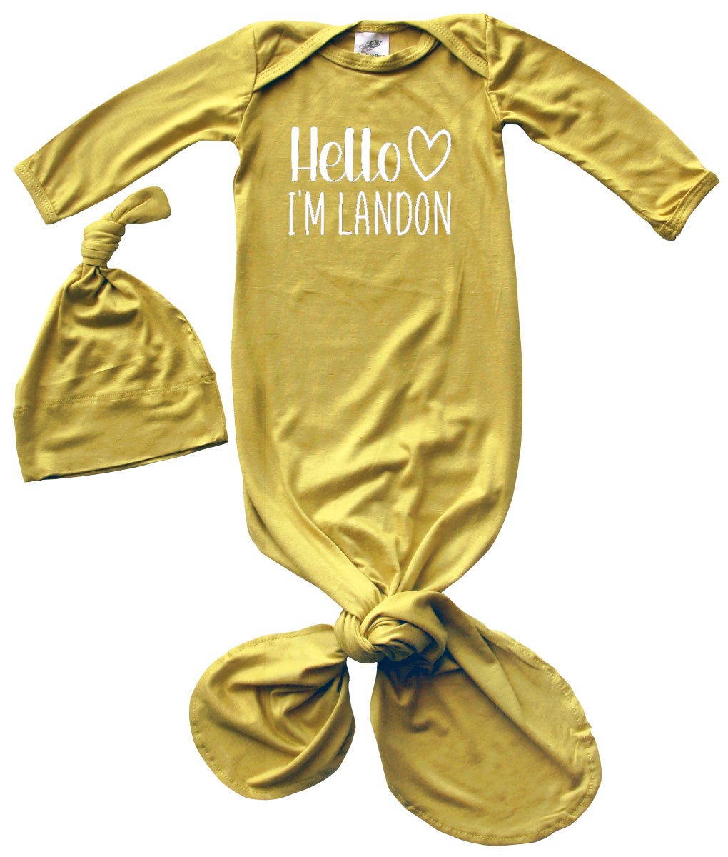 Personalized Hello Heart Silky Knotted Baby Gown with Matching Knotted Hat