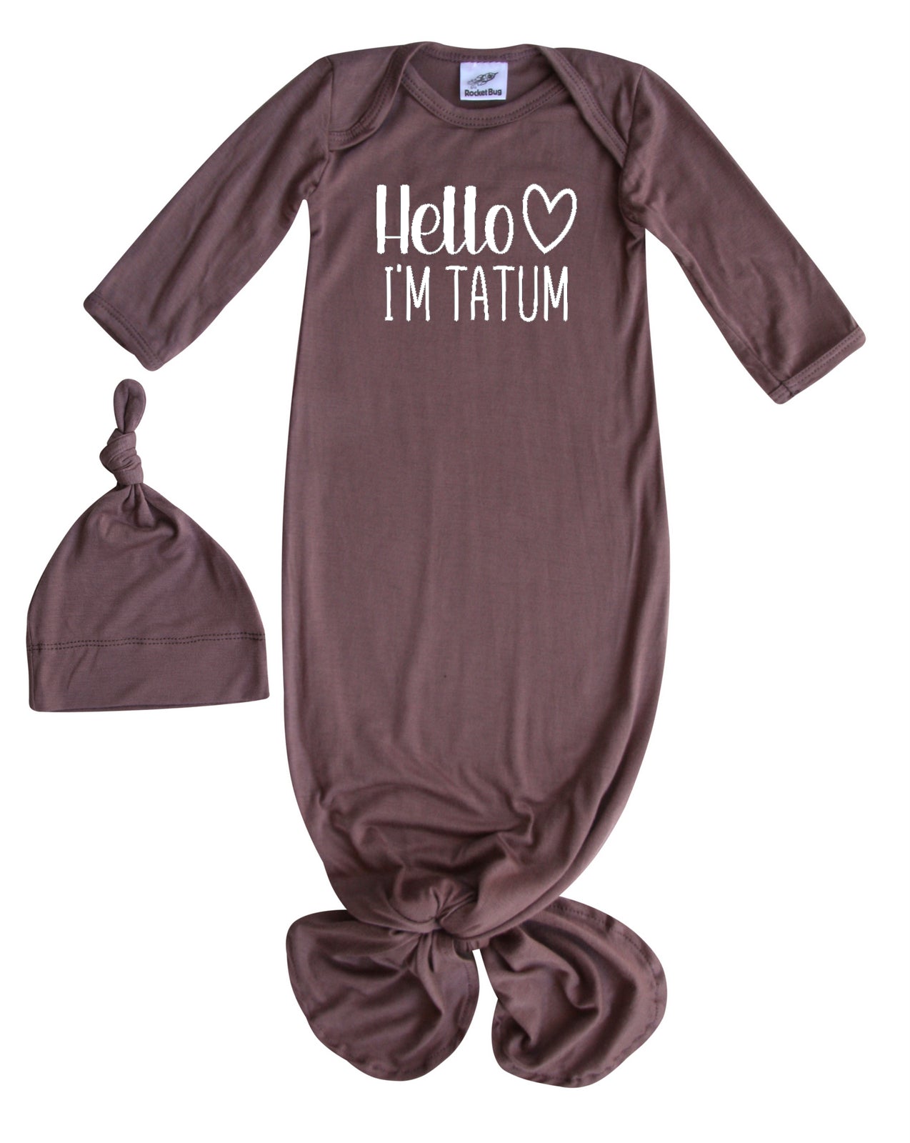 Personalized Hello Heart Silky Knotted Baby Gown with Matching Knotted Hat