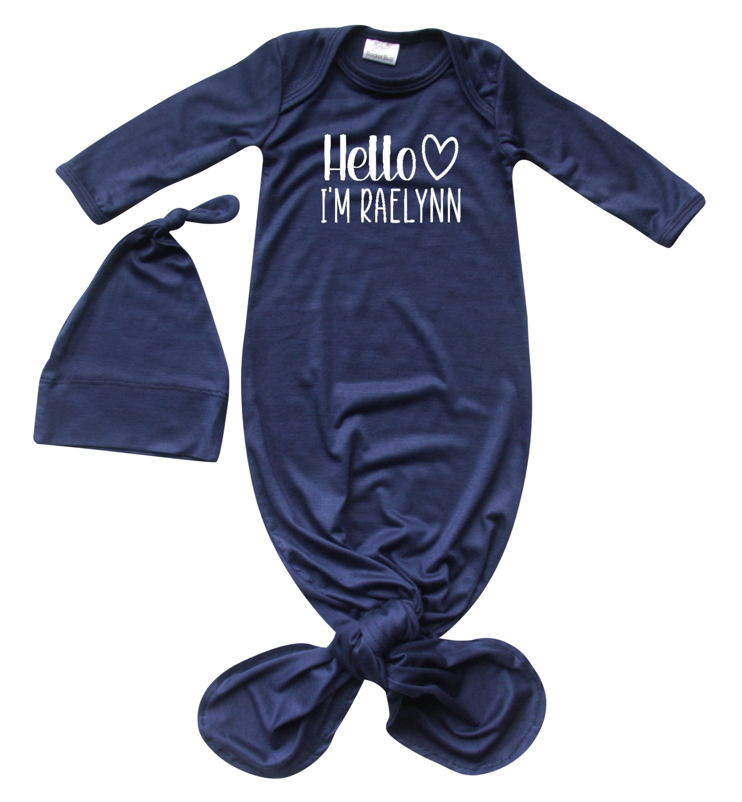 Personalized Hello Heart Silky Knotted Baby Gown with Matching Knotted Hat