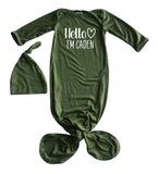 Personalized Hello Heart Silky Knotted Baby Gown with Matching Knotted Hat