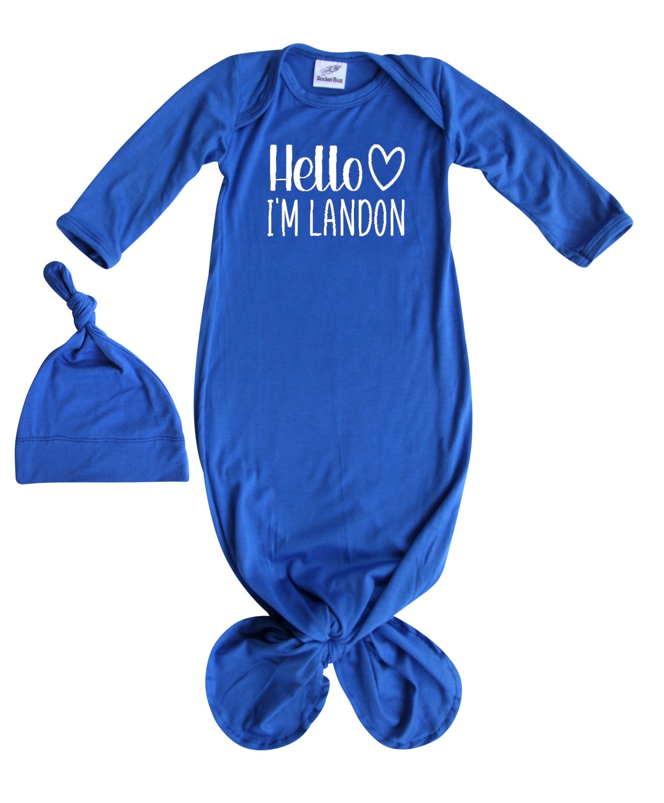 Personalized Hello Heart Silky Knotted Baby Gown with Matching Knotted Hat