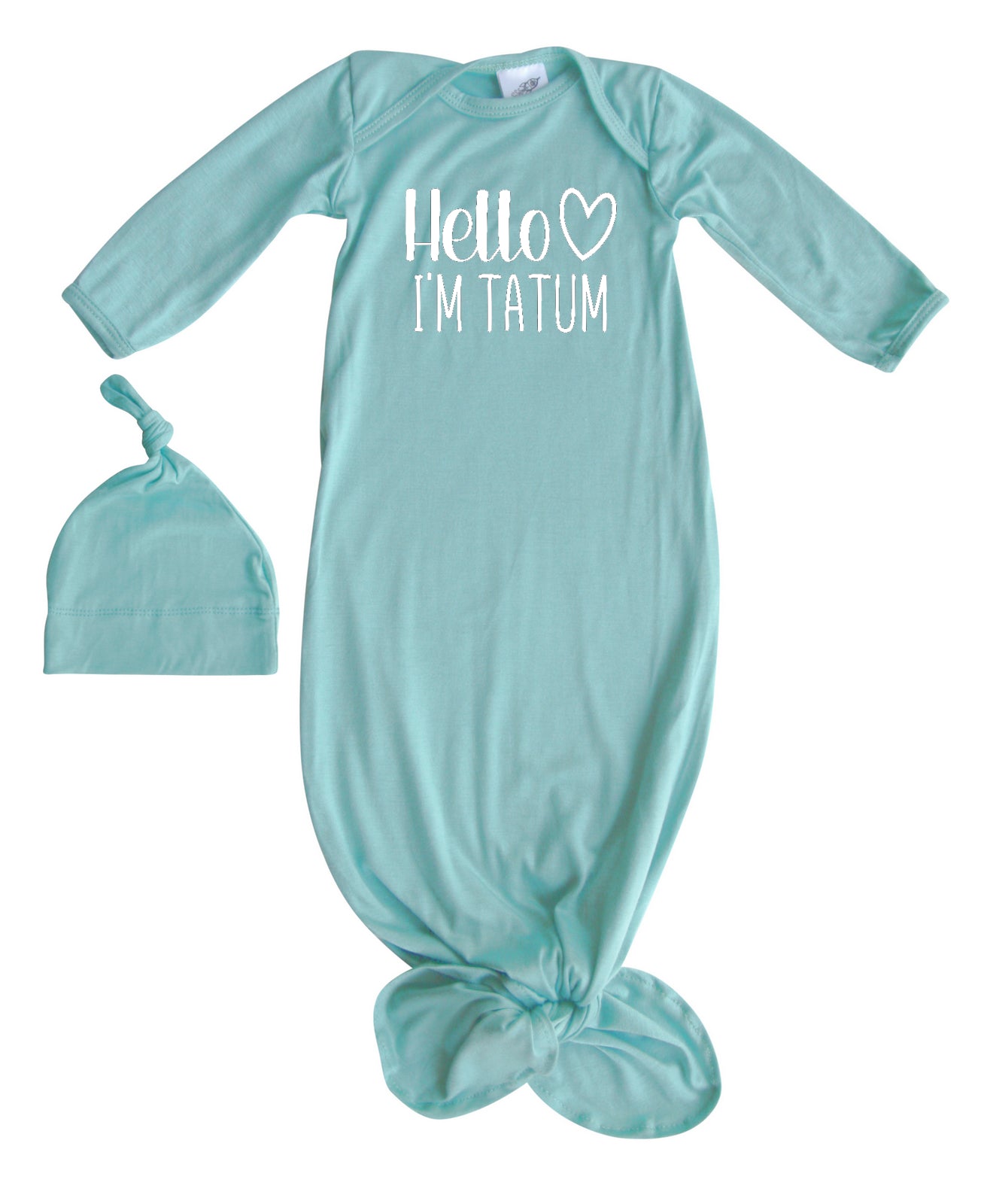 Personalized Hello Heart Silky Knotted Baby Gown with Matching Knotted Hat