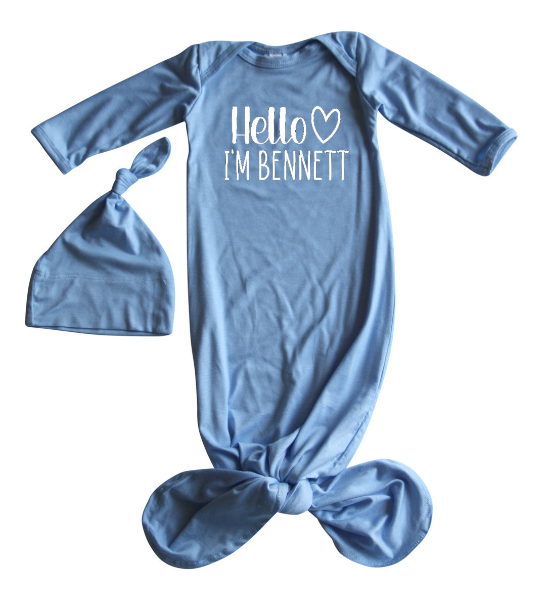 Personalized Hello Heart Silky Knotted Baby Gown with Matching Knotted Hat