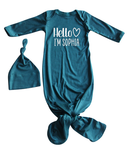 Personalized Hello Heart Silky Knotted Baby Gown with Matching Knotted Hat
