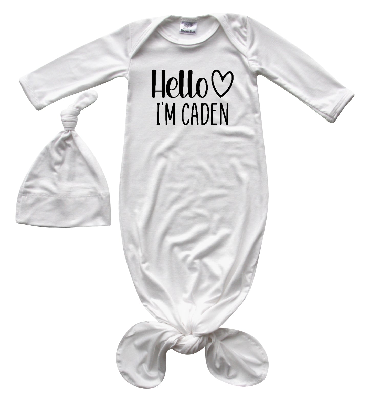 Personalized Hello Heart Silky Knotted Baby Gown with Matching Knotted Hat