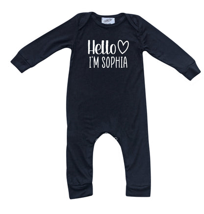 Personalized Hello Heart Silky Long Sleeve Baby Romper Silky Black