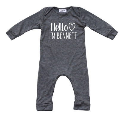 Personalized Hello Heart Silky Long Sleeve Baby Romper Silky Heather Gray