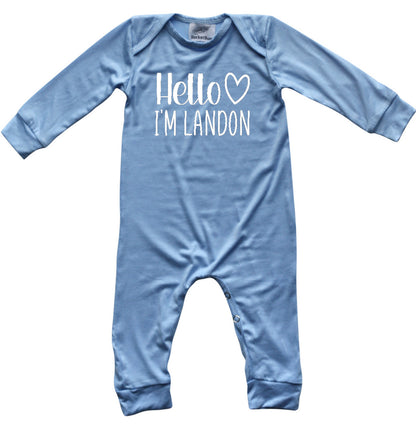 Personalized Hello Heart Silky Long Sleeve Baby Romper Silky Light Blue