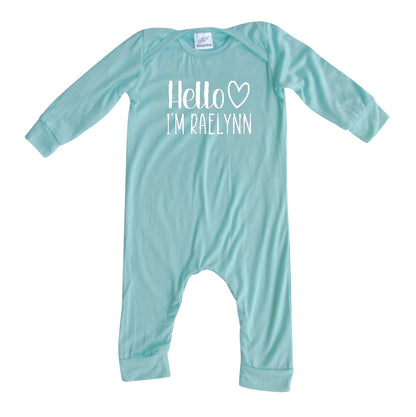 Personalized Hello Heart Silky Long Sleeve Baby Romper Silky Seafoam