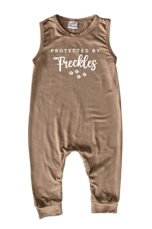 Protected By (Dog) Personalized Custom Silky Sleeveless Baby Romper for Boys and Girls Light Brown