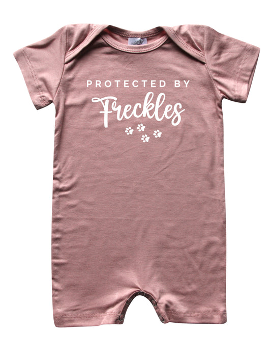 Protected By (Dog) Personalized Custom Silky Shorts Baby Romper for Boys and Girls Dusty Rose